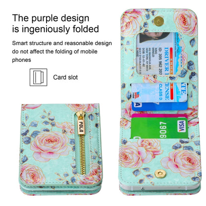 For Samsung Galaxy Z Flip3 5G POLA Rose Pattern Multi-Card Slots Zipper Wallet Phone Case(Cyan)