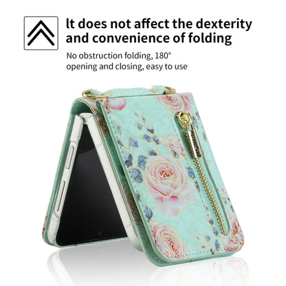 For Samsung Galaxy Z Flip3 5G POLA Rose Pattern Multi-Card Slots Zipper Wallet Phone Case(Cyan)