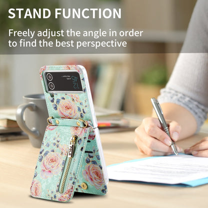 For Samsung Galaxy Z Flip3 5G POLA Rose Pattern Multi-Card Slots Zipper Wallet Phone Case(Cyan)