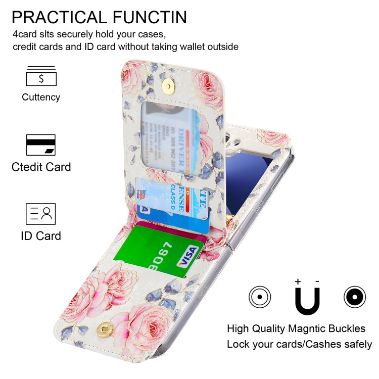 For Samsung Galaxy Z Flip6 / Flip7 FE POLA Rose Pattern Multi-Card Slots Zipper Wallet Phone Case(White)