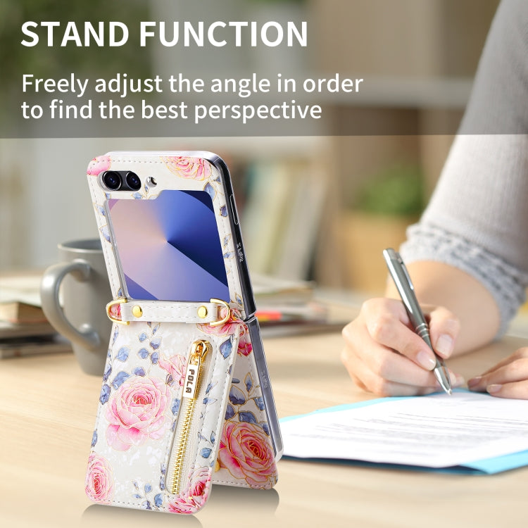 For Samsung Galaxy Z Flip6 / Flip7 FE POLA Rose Pattern Multi-Card Slots Zipper Wallet Phone Case(White)