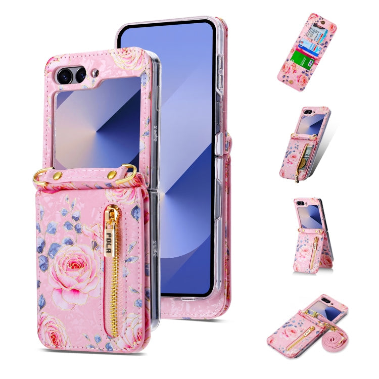 For Samsung Galaxy Z Flip6 / Flip7 FE POLA Rose Pattern Multi-Card Slots Zipper Wallet Phone Case(Pink)