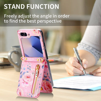 For Samsung Galaxy Z Flip6 / Flip7 FE POLA Rose Pattern Multi-Card Slots Zipper Wallet Phone Case(Pink)