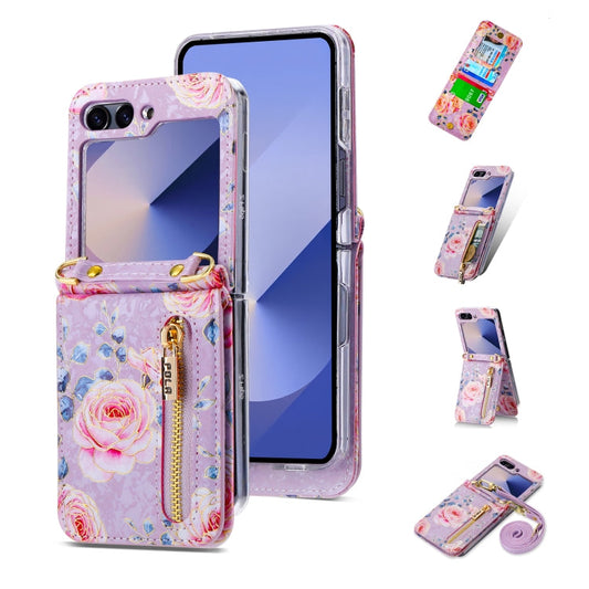 For Samsung Galaxy Z Flip6 / Flip7 FE POLA Rose Pattern Multi-Card Slots Zipper Wallet Phone Case(Purple)
