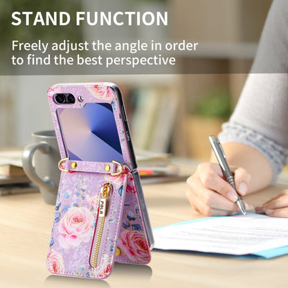 For Samsung Galaxy Z Flip6 / Flip7 FE POLA Rose Pattern Multi-Card Slots Zipper Wallet Phone Case(Purple)