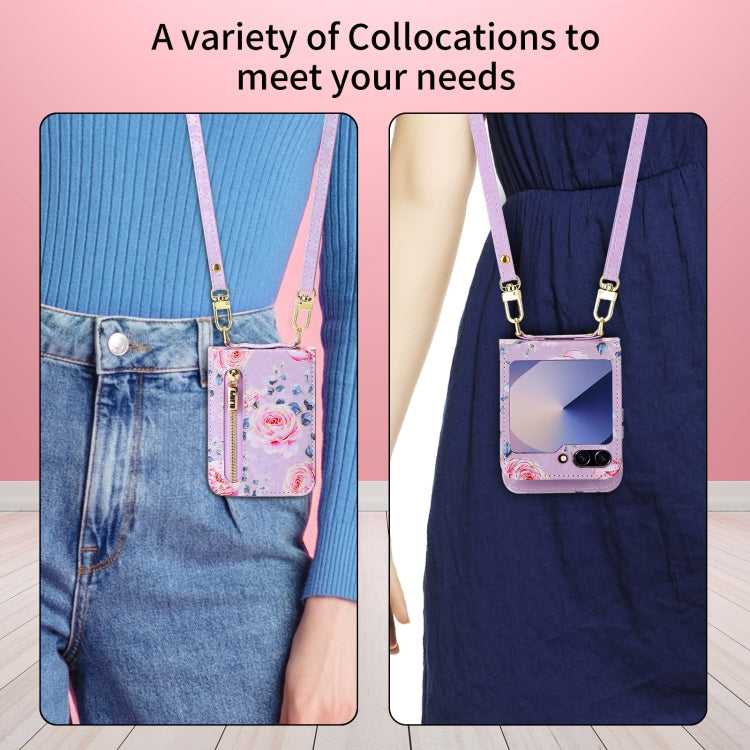 For Samsung Galaxy Z Flip6 / Flip7 FE POLA Rose Pattern Multi-Card Slots Zipper Wallet Phone Case(Purple)