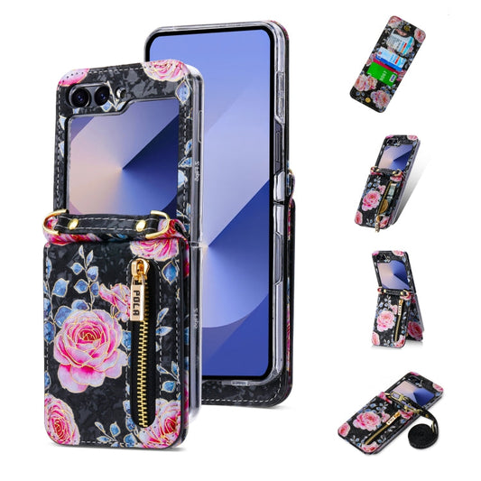 For Samsung Galaxy Z Flip6 / Flip7 FE POLA Rose Pattern Multi-Card Slots Zipper Wallet Phone Case(Black)