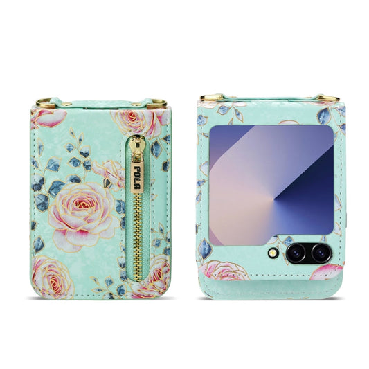 For Samsung Galaxy Z Flip6 / Flip7 FE POLA Rose Pattern Multi-Card Slots Zipper Wallet Phone Case(Cyan)