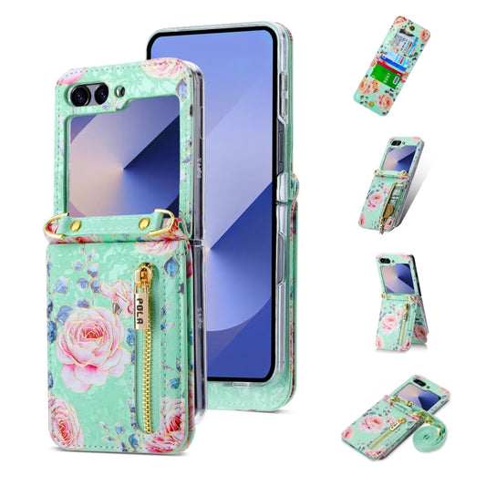 For Samsung Galaxy Z Flip6 / Flip7 FE POLA Rose Pattern Multi-Card Slots Zipper Wallet Phone Case(Cyan)
