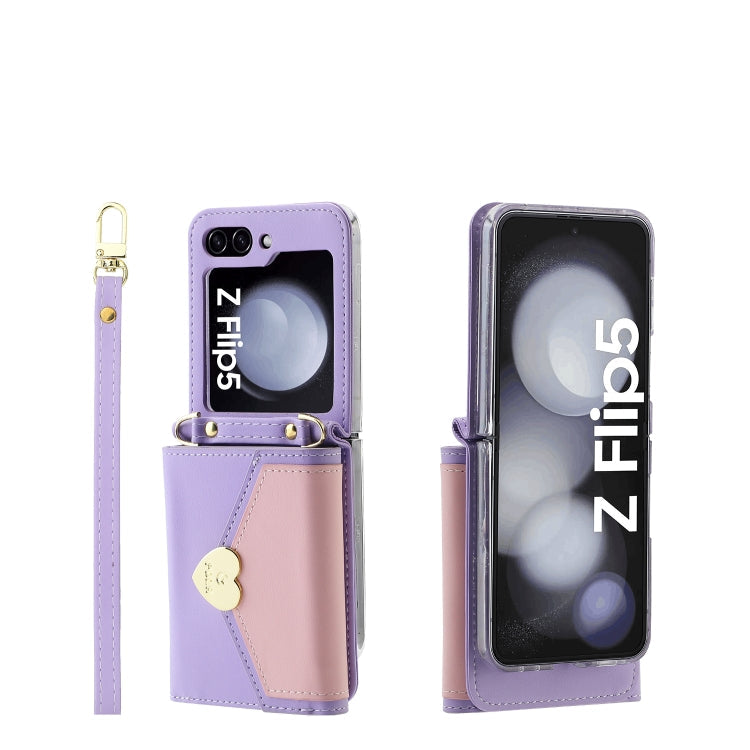 Pour Samsung Galaxy Z Flip5 POLA Étui portefeuille de téléphone à plusieurs emplacements pour cartes avec boucle en forme de cœur et blocs de couleurs (violet)