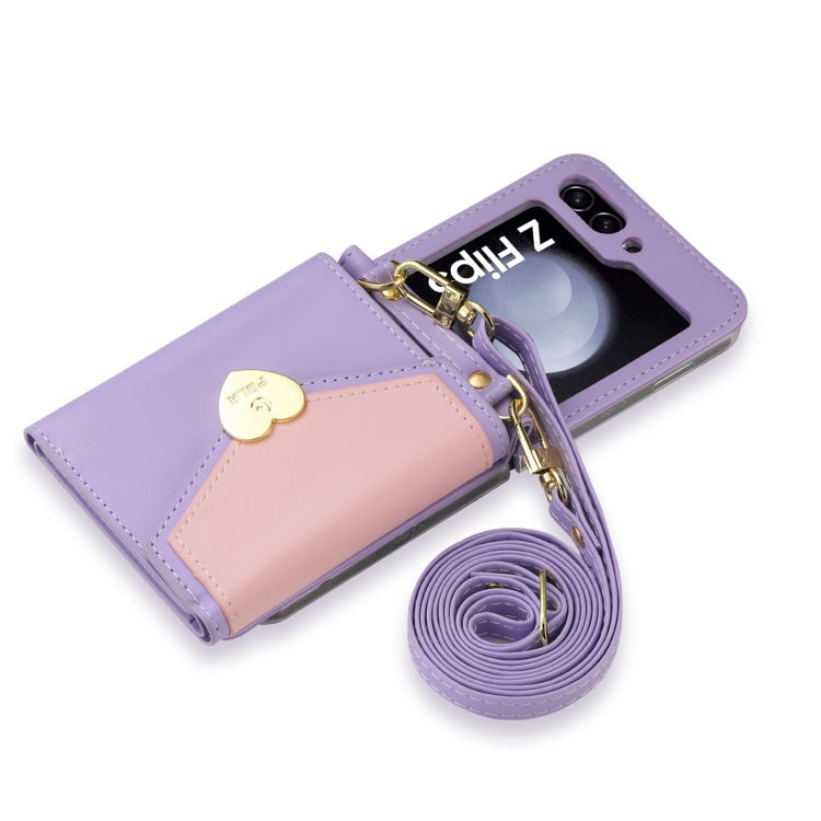Pour Samsung Galaxy Z Flip5 POLA Étui portefeuille de téléphone à plusieurs emplacements pour cartes avec boucle en forme de cœur et blocs de couleurs (violet)