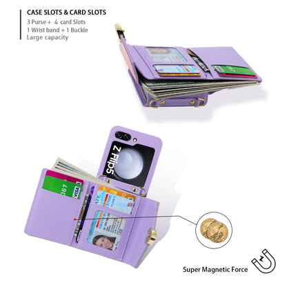 Pour Samsung Galaxy Z Flip5 POLA Étui portefeuille de téléphone à plusieurs emplacements pour cartes avec boucle en forme de cœur et blocs de couleurs (violet)