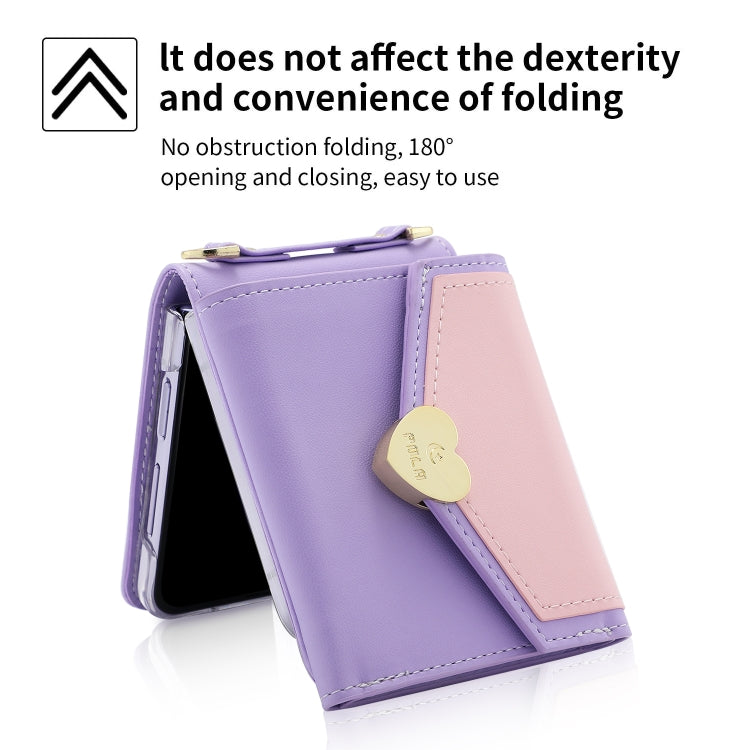 Pour Samsung Galaxy Z Flip5 POLA Étui portefeuille de téléphone à plusieurs emplacements pour cartes avec boucle en forme de cœur et blocs de couleurs (violet)