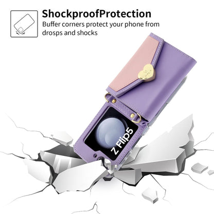 Pour Samsung Galaxy Z Flip5 POLA Étui portefeuille de téléphone à plusieurs emplacements pour cartes avec boucle en forme de cœur et blocs de couleurs (violet)