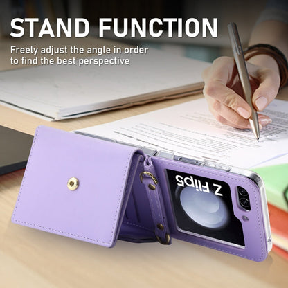 Pour Samsung Galaxy Z Flip5 POLA Étui portefeuille de téléphone à plusieurs emplacements pour cartes avec boucle en forme de cœur et blocs de couleurs (violet)