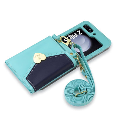 For Samsung Galaxy Z Flip5 POLA Color Block Love Buckle Multi-Card Slots Wallet Phone Case(Blue)