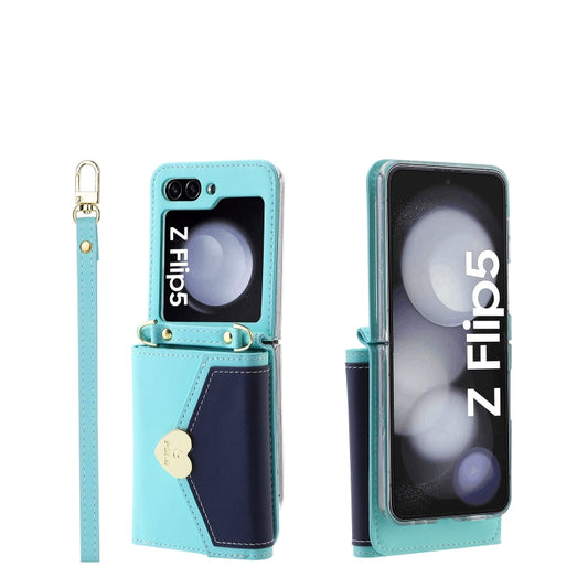 For Samsung Galaxy Z Flip5 POLA Color Block Love Buckle Multi-Card Slots Wallet Phone Case(Blue)