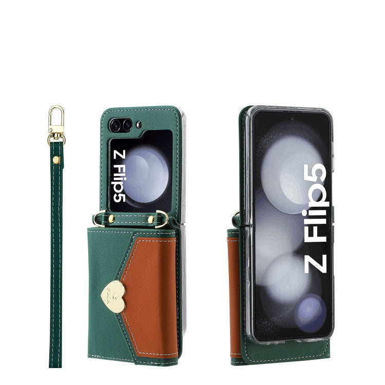 Pour Samsung Galaxy Z Flip5, étui portefeuille avec boucle d'amour et plusieurs fentes pour cartes, motif couleur (vert)