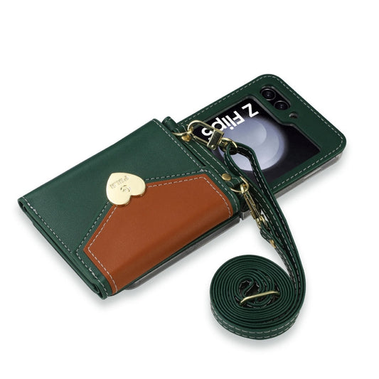 For Samsung Galaxy Z Flip5 POLA Color Block Love Buckle Multi-Card Slots Wallet Phone Case(Green)
