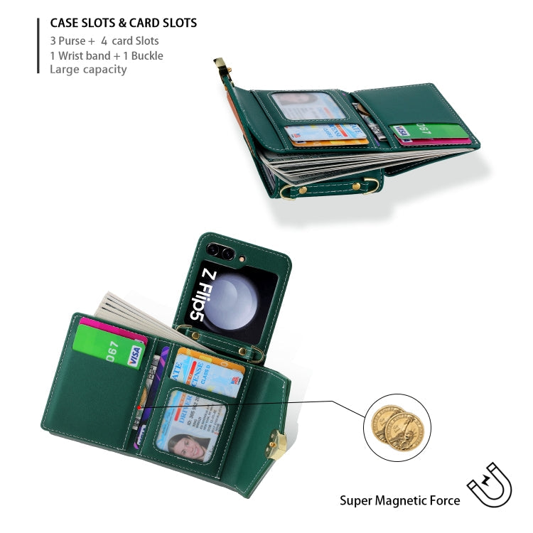 Pour Samsung Galaxy Z Flip5, étui portefeuille avec boucle d'amour et plusieurs fentes pour cartes, motif couleur (vert)