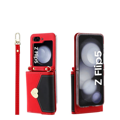 For Samsung Galaxy Z Flip5 POLA Color Block Love Buckle Multi-Card Slots Wallet Phone Case(Red)