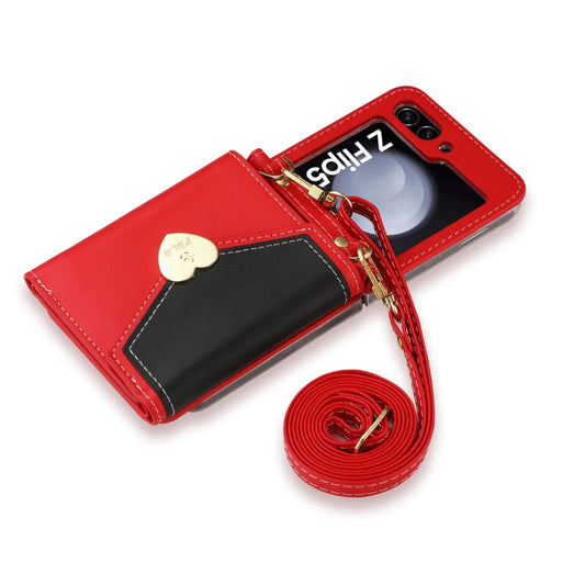 For Samsung Galaxy Z Flip5 POLA Color Block Love Buckle Multi-Card Slots Wallet Phone Case(Red)
