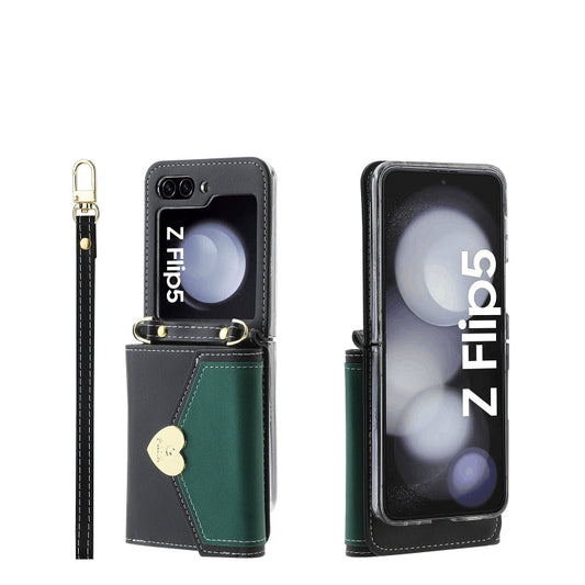 For Samsung Galaxy Z Flip5 POLA Color Block Love Buckle Multi-Card Slots Wallet Phone Case(Black)