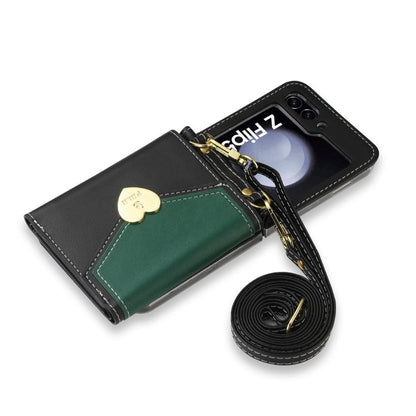 For Samsung Galaxy Z Flip5 POLA Color Block Love Buckle Multi-Card Slots Wallet Phone Case(Black)