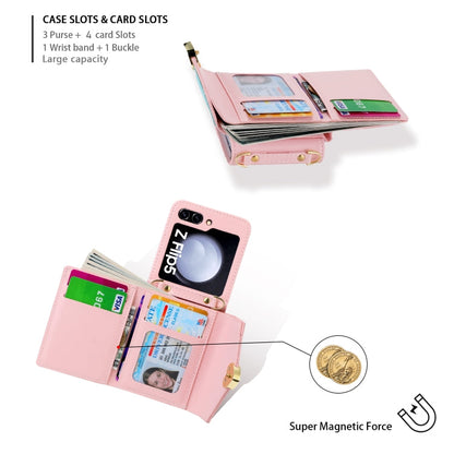 For Samsung Galaxy Z Flip5 POLA Color Block Love Buckle Multi-Card Slots Wallet Phone Case(Pink)