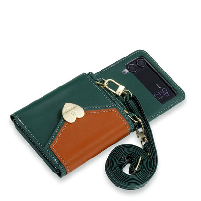 Pour Samsung Galaxy Z Flip4 Étui portefeuille multi-cartes avec boucle d'amour à blocs de couleur POLA (vert)