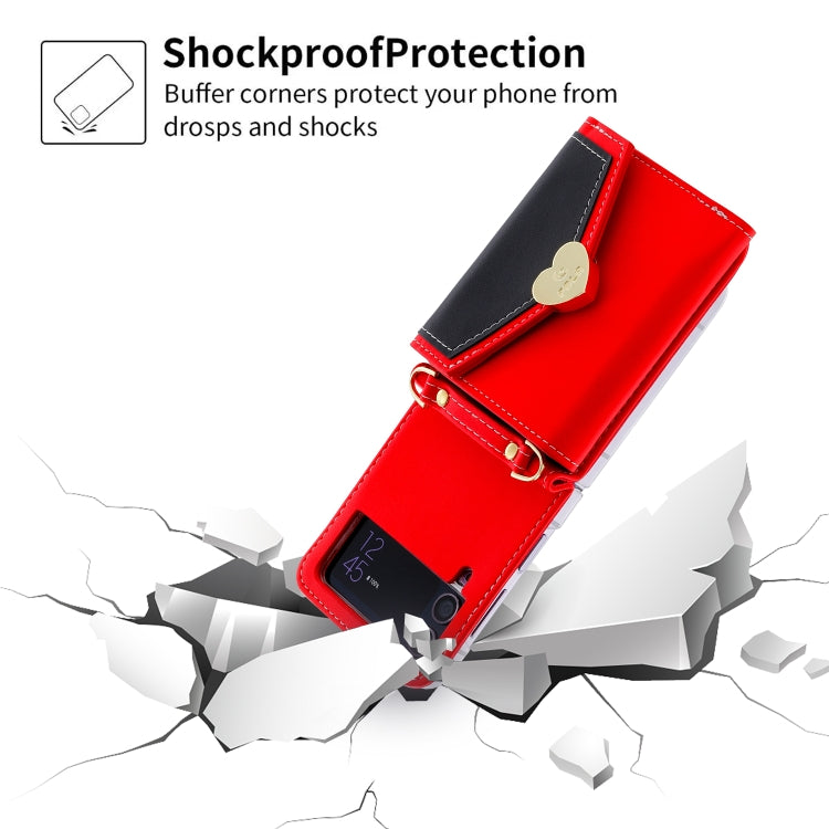 Pour Samsung Galaxy Z Flip4 Étui de téléphone portefeuille multi-emplacements pour cartes avec boucle d'amour et blocs de couleur POLA (rouge)