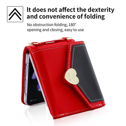 Pour Samsung Galaxy Z Flip4 Étui de téléphone portefeuille multi-emplacements pour cartes avec boucle d'amour et blocs de couleur POLA (rouge)
