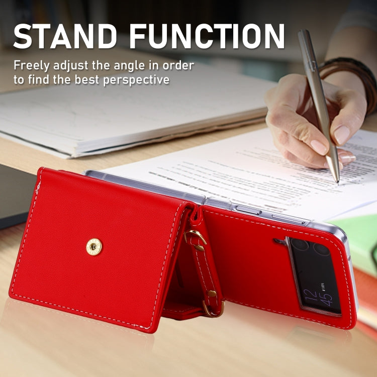 Pour Samsung Galaxy Z Flip4 Étui de téléphone portefeuille multi-emplacements pour cartes avec boucle d'amour et blocs de couleur POLA (rouge)