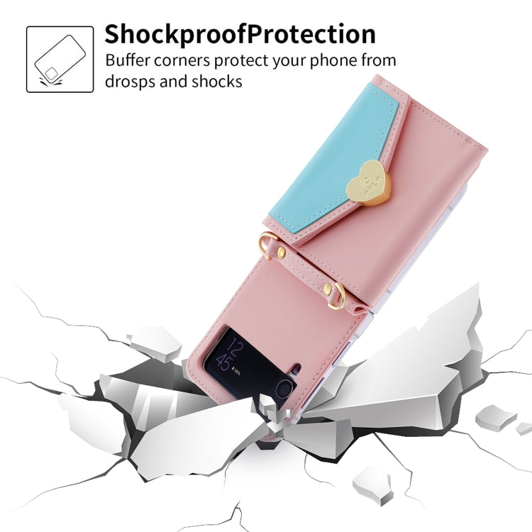 Pour étui de téléphone portefeuille Samsung Galaxy Z Flip4 POLA Color Block Love Buckle Multi-Card Slots (Rose)