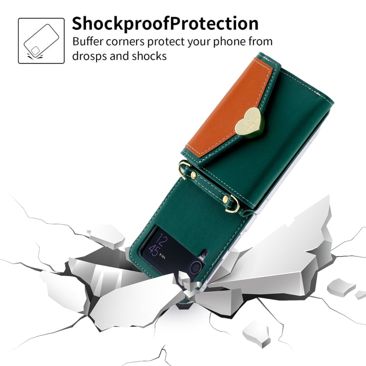 Pour étui de téléphone portefeuille Samsung Galaxy Z Flip3 5G POLA Color Block Love Buckle multi-cartes (vert)