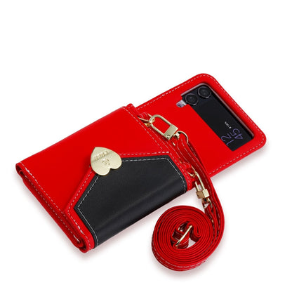 Pour Samsung Galaxy Z Flip3 5G POLA Color Block Love Buckle Étui portefeuille de téléphone avec plusieurs fentes pour cartes (Rouge)