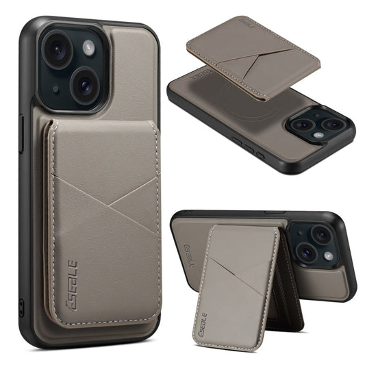 For iPhone 15 ESEBLE E3 Plain Texture Card Slots MagSafe RFID Leather Case(Grey)