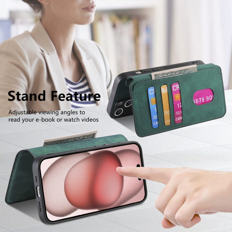 Pour Coque iPhone 15Étui en cuir rétro anti-vol Neo MagSafe RFID (vert)