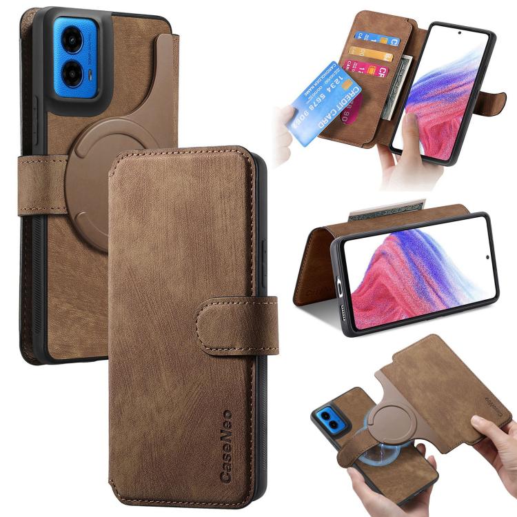 Pour Motorola Moto G45 5G ÉtuiCoque de téléphone rétro en cuir anti-RFID Neo MagSafe (marron)