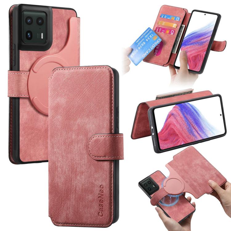 Pour Motorola Edge 50 Ultra Coque Neo MagSafe RFID Antivol Étui de téléphone en Cuir Rétro (Rose)