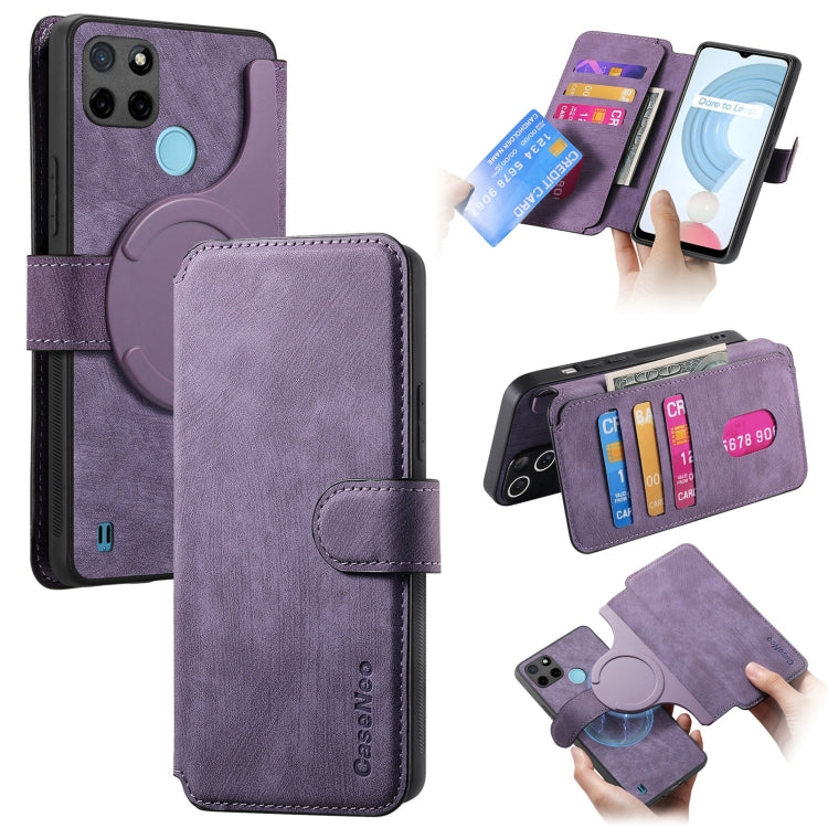 Pour Étui Realme C21YNeo MagSafe RFID Antivol Rétro Étui de Téléphone en Cuir (Violet)
