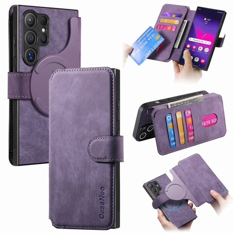 Pour étui Samsung Galaxy S24 Ultra 5GÉtui de téléphone en cuir rétro Neo MagSafe RFID anti-vol (violet)