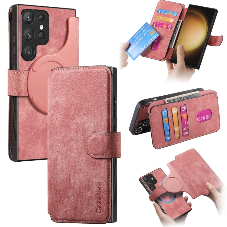 Pour Coque Samsung Galaxy S23 Ultra 5G Étui en Cuir Rétro Anti-vol RFID Neo MagSafe (Rose)