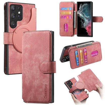 Pour Coque Samsung Galaxy S22 Ultra 5GÉtui de téléphone en cuir rétro Neo MagSafe RFID anti-vol (rose)