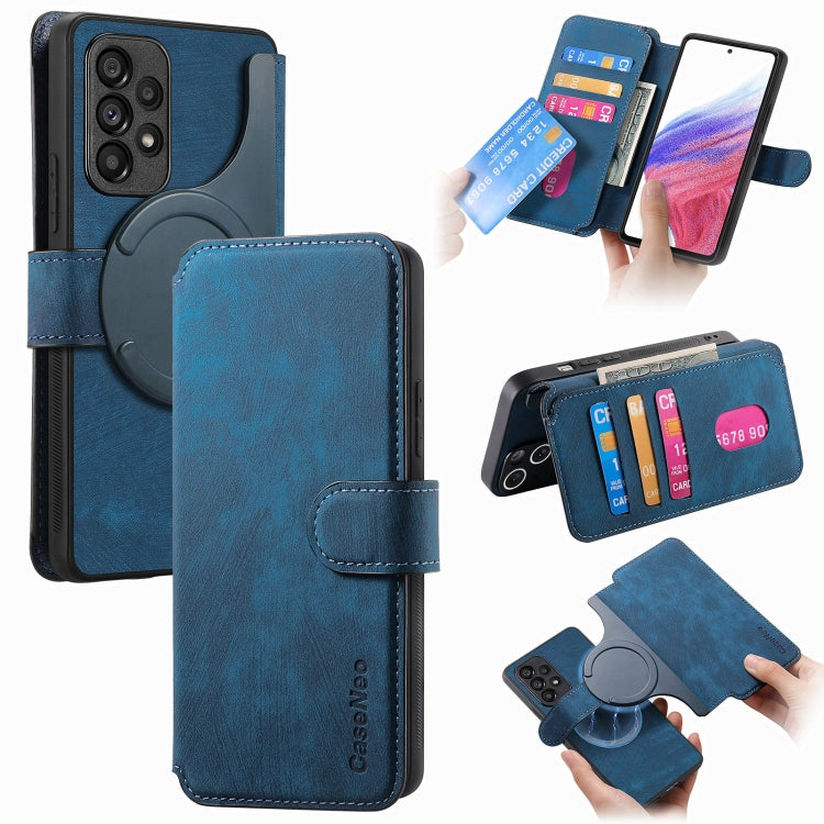 Pour étui Samsung Galaxy A53 5GÉtui de téléphone en cuir rétro avec protection RFID et MagSafe (bleu)