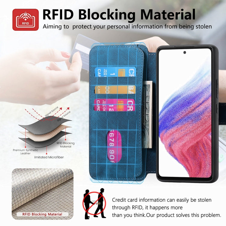 Pour étui Samsung Galaxy A53 5GÉtui de téléphone en cuir rétro avec protection RFID et MagSafe (bleu)