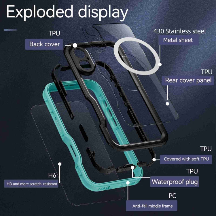 For iPhone 16 Plus RedPepper IP68 Waterproof Triple-proof MagSafe Phone Case(Black Blue)