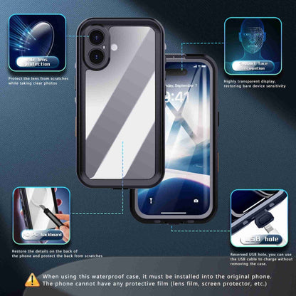 For iPhone 16 Plus RedPepper Transparent Dot IP68 Waterproof Triple-proof Phone Case(Black Dark Grey)