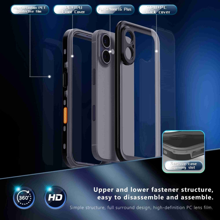 For iPhone 16 Plus RedPepper Transparent Dot IP68 Waterproof Triple-proof Phone Case(Black Dark Grey)