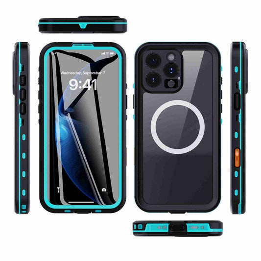 For iPhone 16 Pro RedPepper Transparent Dot IP68 Waterproof Triple-proof MagSafe Phone Case(Black Blue)